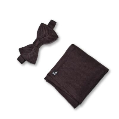 Brown knitted bow tie and pocket square set