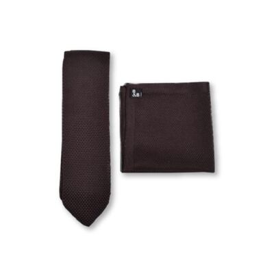 Cravatta in maglia marrone e fazzoletto da taschino