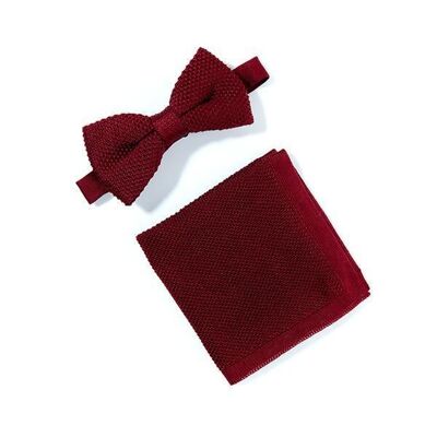 Burgundy knitted bow tie and pocket square set