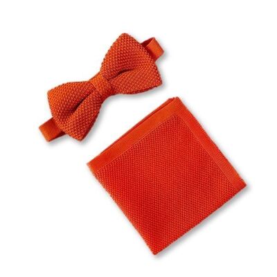 Burnt orange knitted bow tie and pocket square set