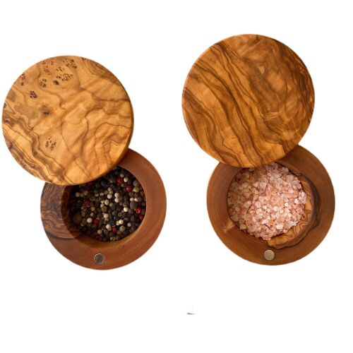 Olive wood Salt and Pepper cellar - Salt Pig - Kitchen Table Décor - Unique salt, Spice bowl Gift- Canister- Handcrafted - Appleyard & Crowe