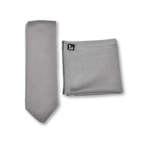 Dove grey knitted tie and pocket square set