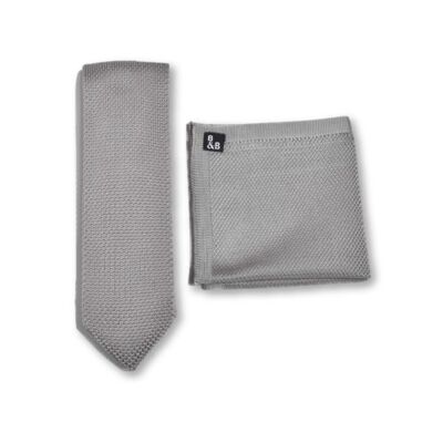 Corbata y pañuelo de bolsillo de punto gris paloma