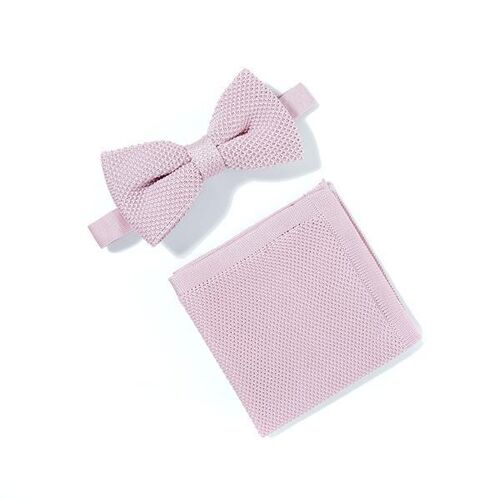 Dusty pink knitted bow tie and pocket square set
