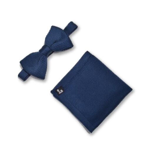 Midnight blue knitted bow tie and pocket square set