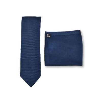 Ensemble cravate et pochette en tricot bleu nuit