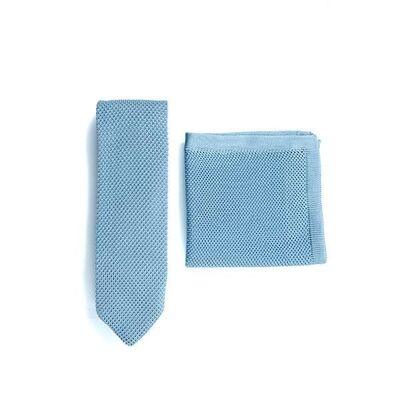 Ensemble cravate et pochette en tricot bleu brumeux