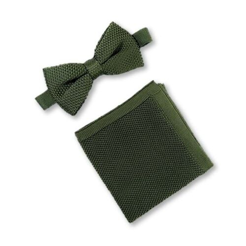 Moss green knitted bow tie and pocket square set