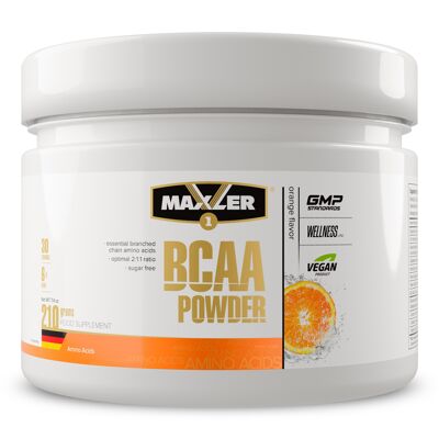 Maxler BCAA Powder, Orange, 210g, Essentielle Aminosäuren, L-Leucin, L-Isoleucin, L-Valin