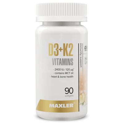 Maxler D3+K2 Vitamins, 90 cápsulas blandas, vitamina K2 como MK-7 disuelta en aceite MCT, vitamina D3 como colecalciferol