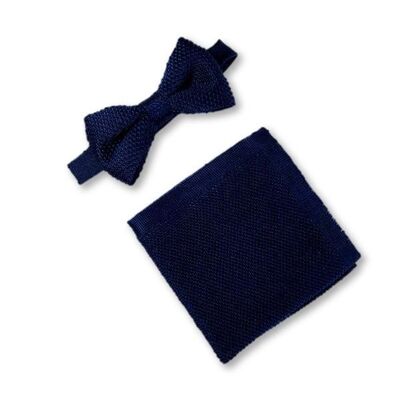Navy blue knitted bow tie and pocket square set