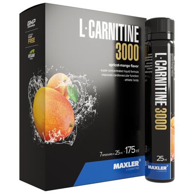 Maxler L-Carnitina 3000, Albicocca-Mango, 7x25ml, Vegano, L Carnitina Liquida, L Carnitina Liquida
