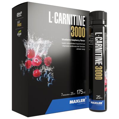 Maxler L-Carnitine 3000, Arándano-Frambuesa, 7x25ml, Vegano, L Carnitina Líquida, L Carnitina Líquida