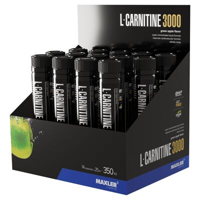 Maxler L-Carnitine 3000, Pomme Verte, 14x25ml, Végétalien, L Carnitine Liquide, L Carnitine Liquide