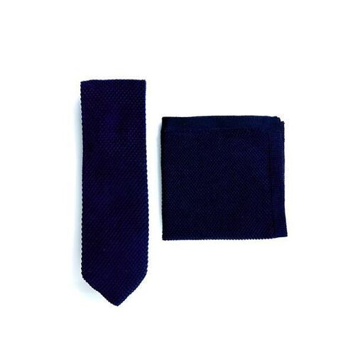 Navy blue knitted tie and pocket square set