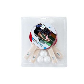 Lot de 4 raquettes de tennis de table en bois 1 étoile. Comprend 3 balles en plastique blanc.