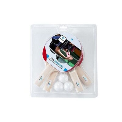 Set van 4 houten tafeltennisbats 1 ster. Inclusief 3 witte plastic ballen.