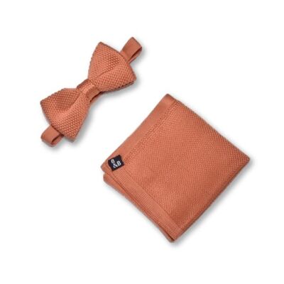 Rustic orange knitted bow tie and pocket square set