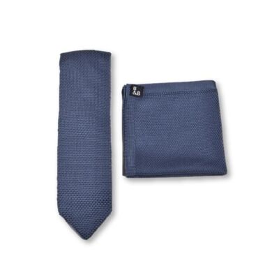 Corbata y pañuelo de bolsillo de punto azul piedra