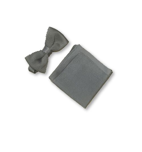 Stone grey knitted bow tie and pocket square set
