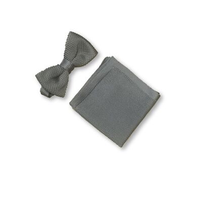 Stone grey knitted bow tie and pocket square set