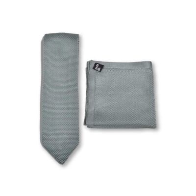Stone grey knitted tie and pocket square set
