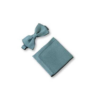 Conjunto de pajarita y pañuelo de bolsillo de punto verde azulado