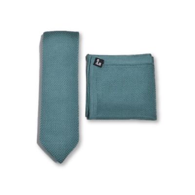 Corbata y pañuelo de bolsillo de punto verde azulado