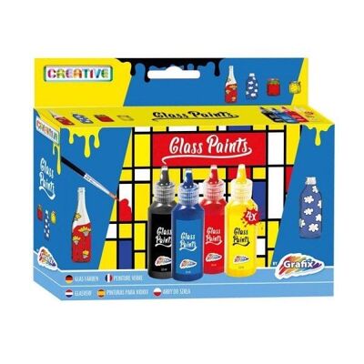 Grafix Glasverf, 4 Kleuren: zwart, blauw, rood en geel.