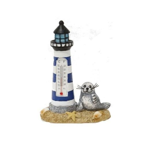 Thermometer vuurtoren met zeehond 7x4,5x10cm