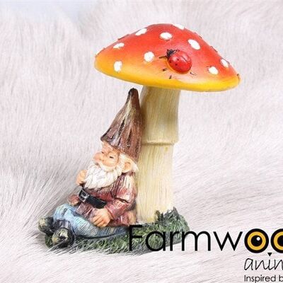 Farmwood Animals Tuinbeeld kabouter mini slapend tegen paddenstoel rood met witte stippenl 20x9x12cm