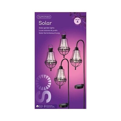 LED Solarlantaarn set L11.5-W14.5-H84cm 2 steek lantaarns en 2 hang lantaarns metaal zwart H19,5 cm