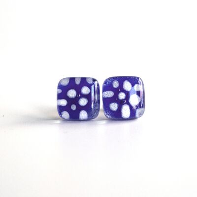 Glass and 925 silver earrings, White and blue polka dots