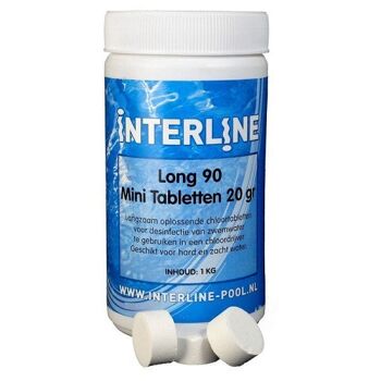 Pastilles de chlore Interline 20gram Long-90 conditionnées en pot de 1Kg