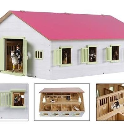 Kids Globe paardenstal met 7 boxen 1:24 72,5x60x37,5cm roze (exclusief accessoires)