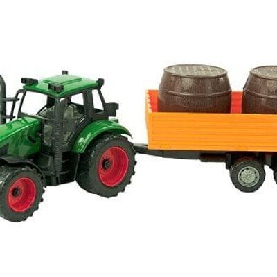 Tractor frictie met aanhanger met balen 37cm. Rood of groen. In vensterdoos.