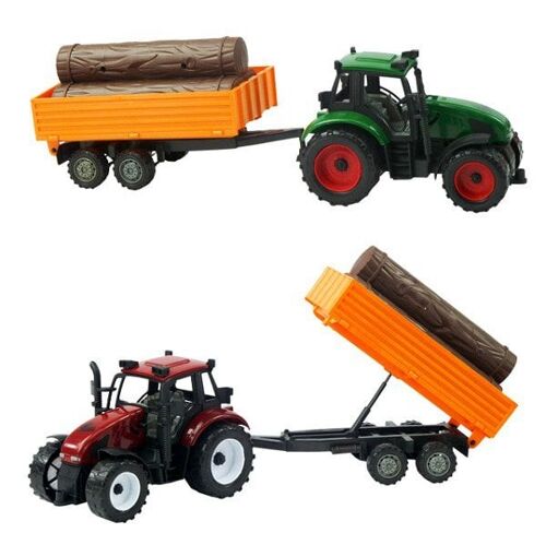 Tractor frictie met aanhanger met boomstammen 40cm. Rood of groen. In vensterdoos