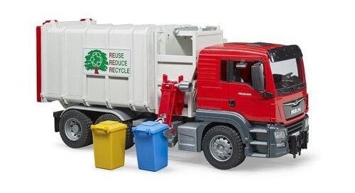 Bruder MAN TGS vuilniswagen met zijlader, inclusief vuilniscontainers