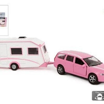 Kids Globe Volvo V70 met caravan rose die cast 30 cm pull-back action