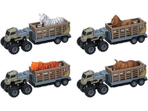 Truck met aanhanger en wild dier 26x9x9cm (per stuk)