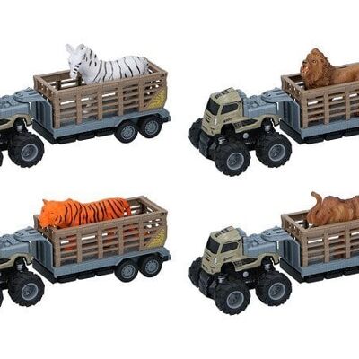 Truck met aanhanger en wild dier 26x9x9cm (per stuk)