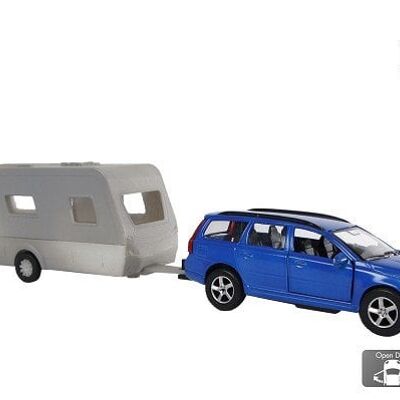 Kids Globe Volvo V70 met Dethleffs caravan die cast pull back 30cm