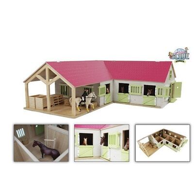 Kids Globe paardenhoekstal met 3 boxen en berging 1:24 68x77x27cm roze (exclusief accessoires)