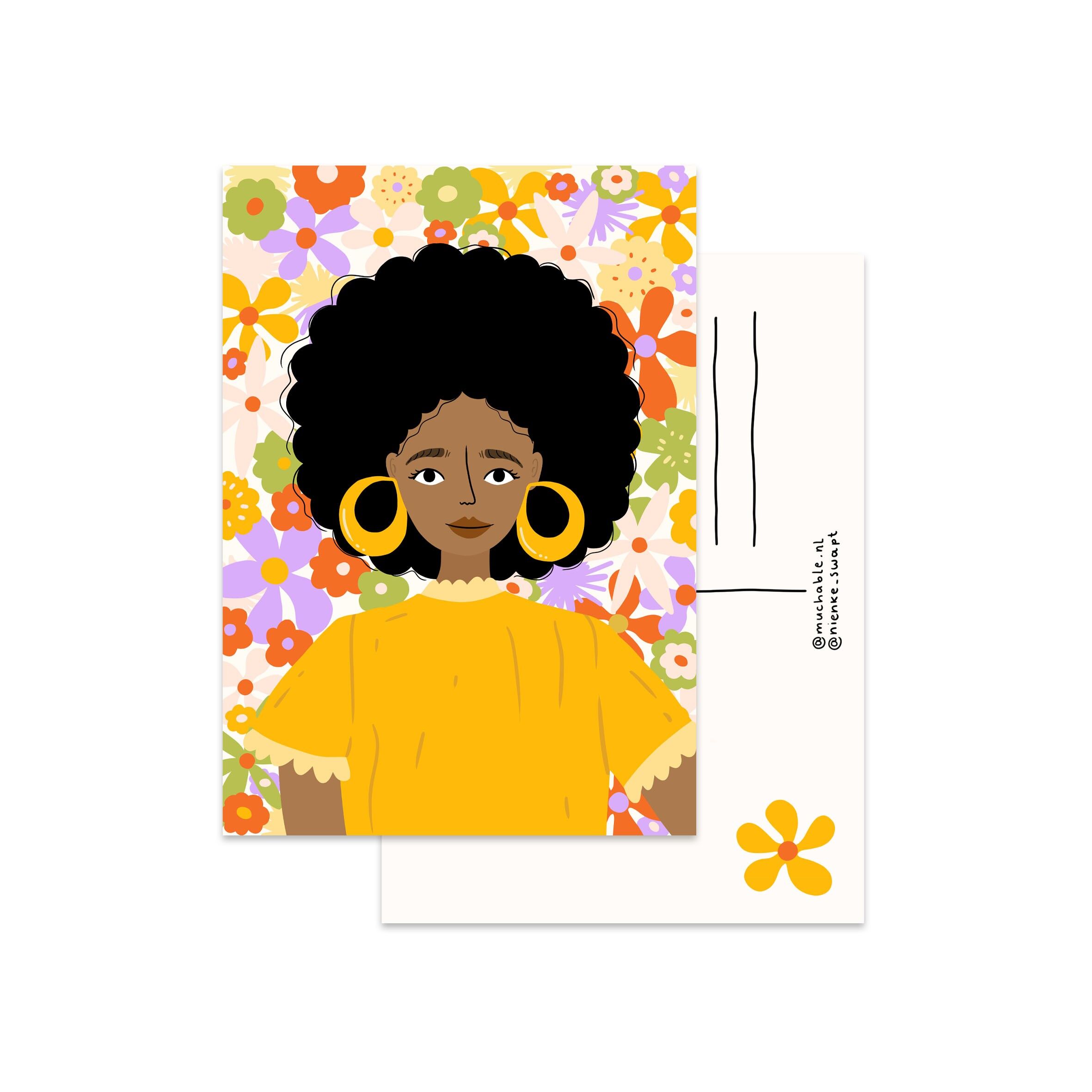 Ansichtkaart retro meisje portret met krullen