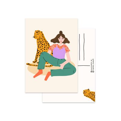 Panter ansichtkaart met meisje illustratie