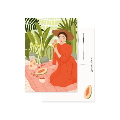 Ansichtkaart meisje pique-nique à plantenkas illustratie
