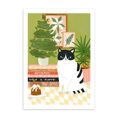 Lámina - Ilustración navideña gato en salón