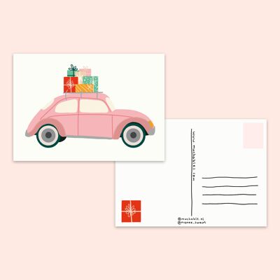 Kerstkaart / Tarjeta de Navidad - illustratie auto met kerstcadeautjes