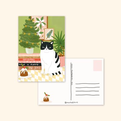 Kerstkaart / Tarjeta de Navidad - ilustración de un lindo gato navideño con árbol y cita