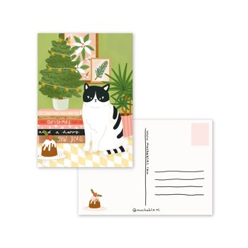 Kerstkaart / Carte de Noël - illustratie mignon chat de Noël avec arbre et citation 2